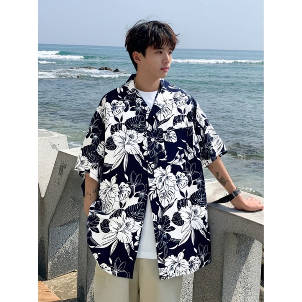 Verão 2025 novo estilo de manga curta flor camisa masculina solta gola cubana americana camisa na moda High-End roupas d