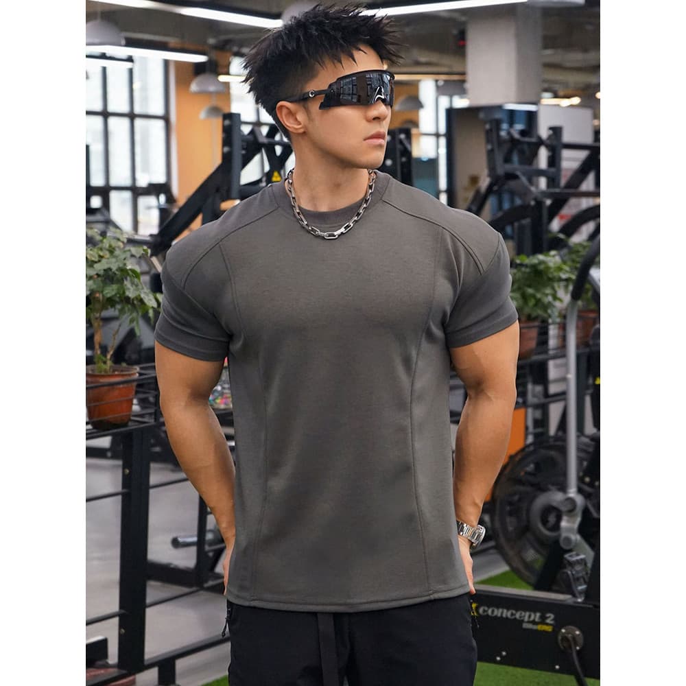 Novo estilo roupas de Fitness masculino cor sólida em torno do pescoço camiseta respirável Casual meia manga esportes de