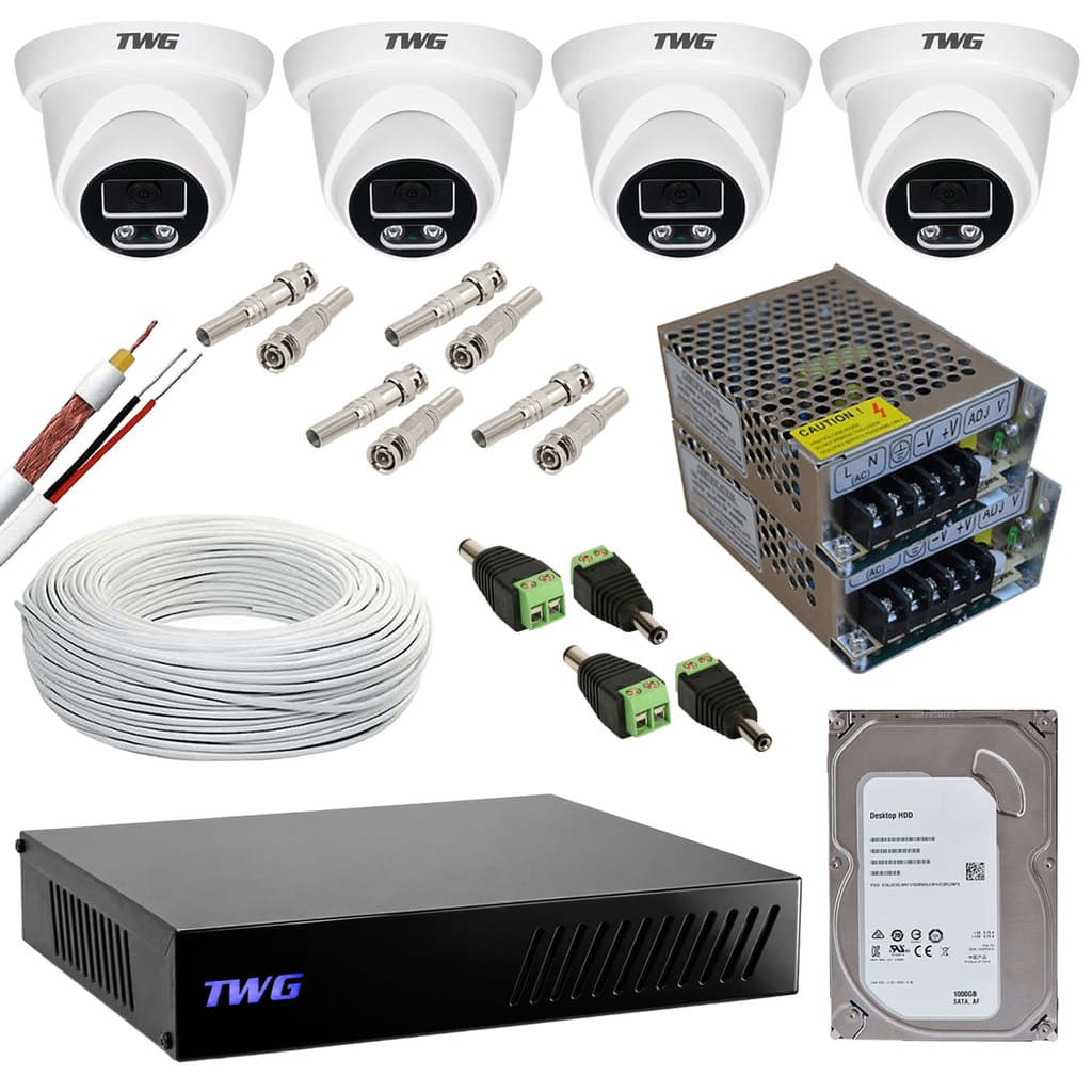 KIT CFTV 4 CAMERAS DOME 2MP 20M IMAGENS NOTURNAS COLORIDAS DVR 4 CANAIS COM HD 1TB