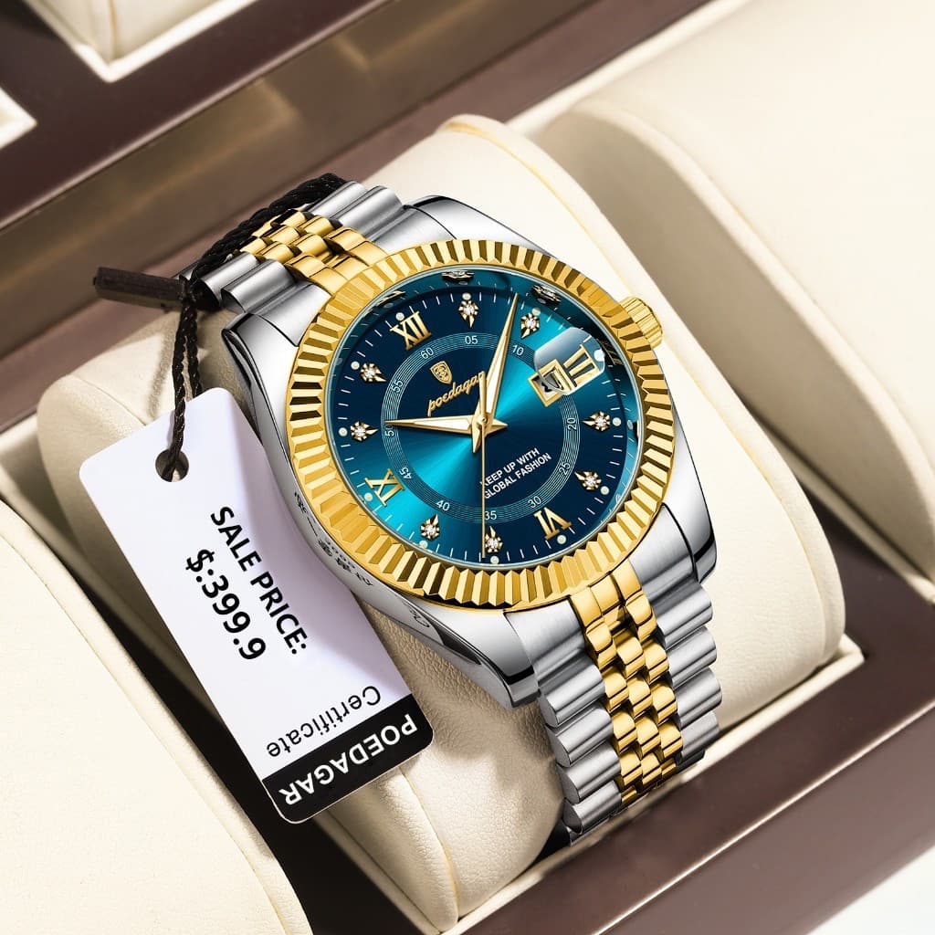 Relógio de Luxo Masculino POEDAGAR, Relógio de Aço Inoxidável Dourado, Relógio de Pulso Masculino Luminoso e à Prova d'Á