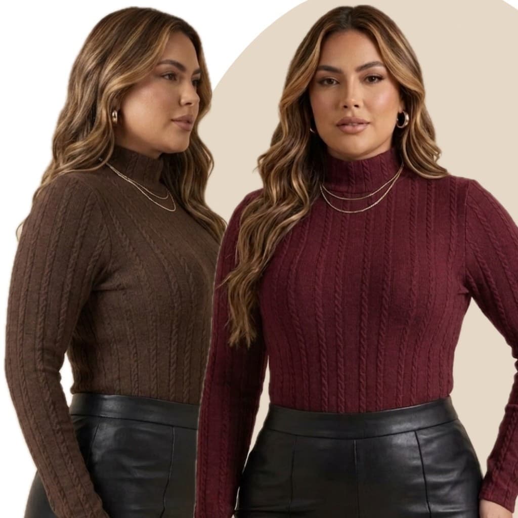 Blusa Cacharrel Canelada Ribanna Premium Plus Size Social Manga Longa Camiseta Feminina Sueter Gola Alta Frio