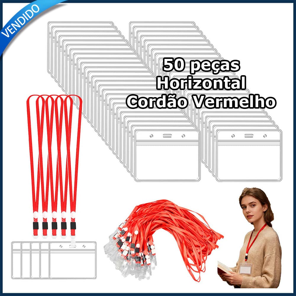 Cordão para crachá com capa para cartão horizontal transparente em plástico + clipe para cordão vermelho 50 unidades