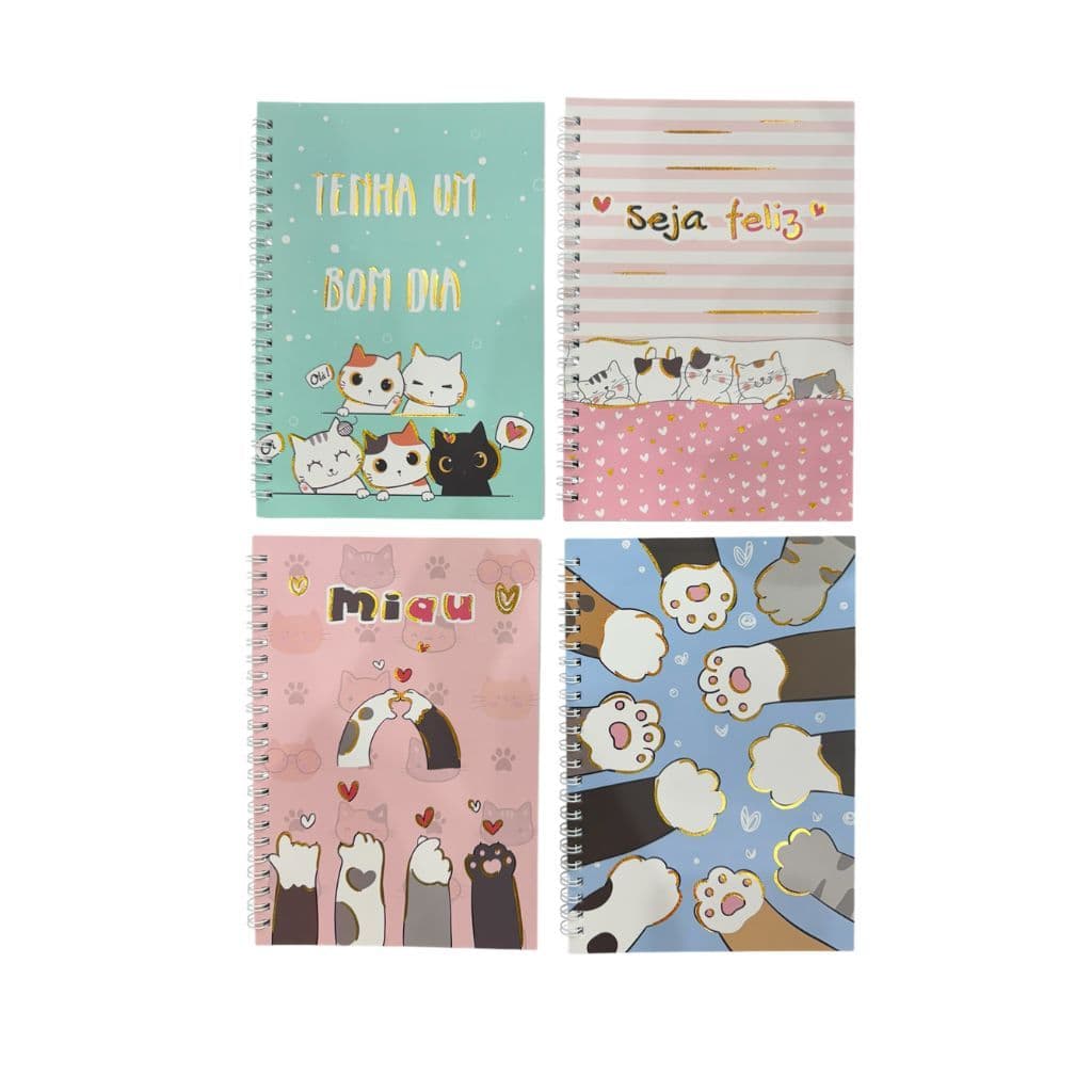 Caderno Espiral Gato A5 - Kit com 4 pecas