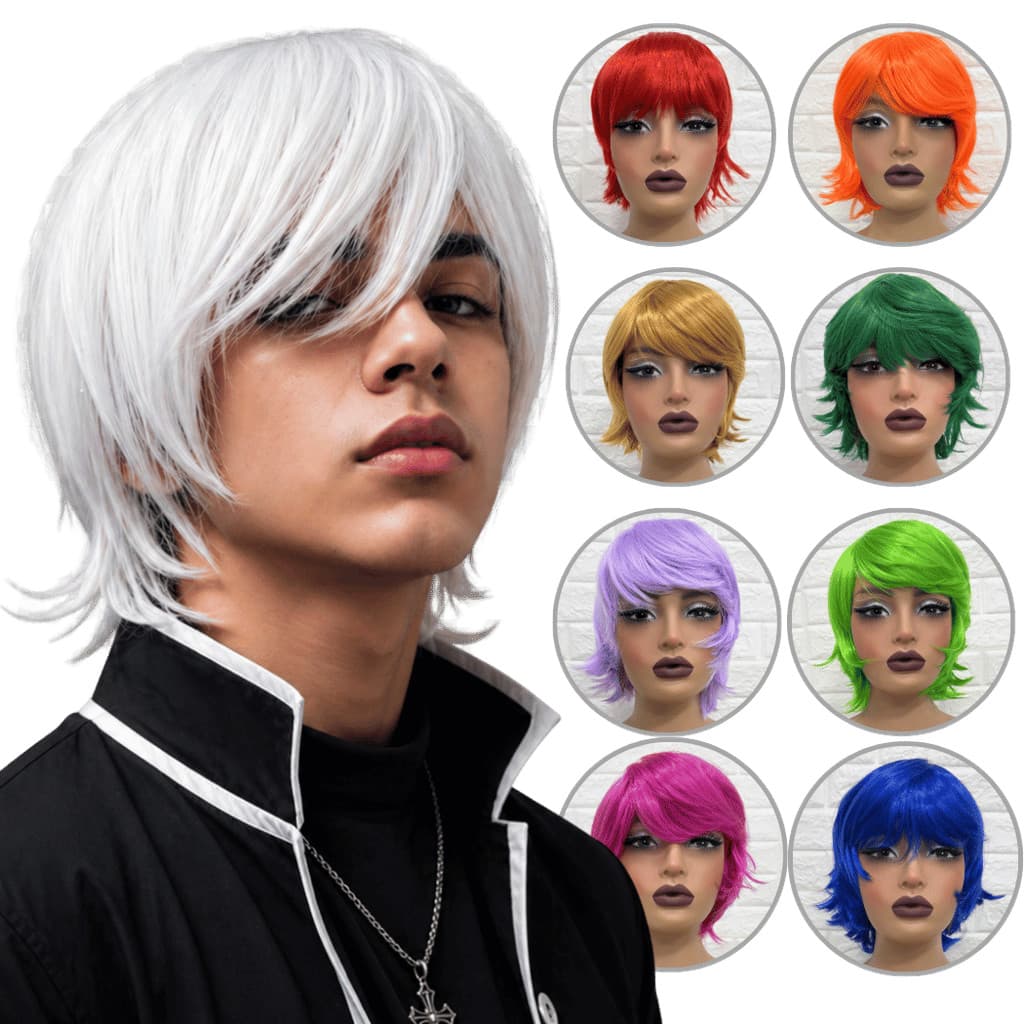 Peruca curta repicada media cosplay anime masculina colorida