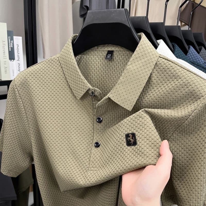 Verão gelo seda manga curta camiseta lapela camisa POLO masculina respirável de secagem rápida Jacquard bordado meia man