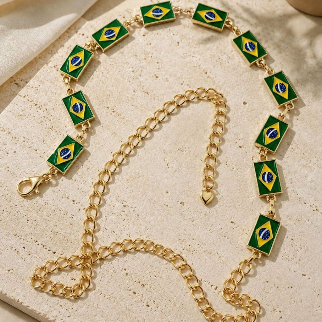 Cinto Feminino Corrente Bandeira do Brasil Dourado Ajustável Premium