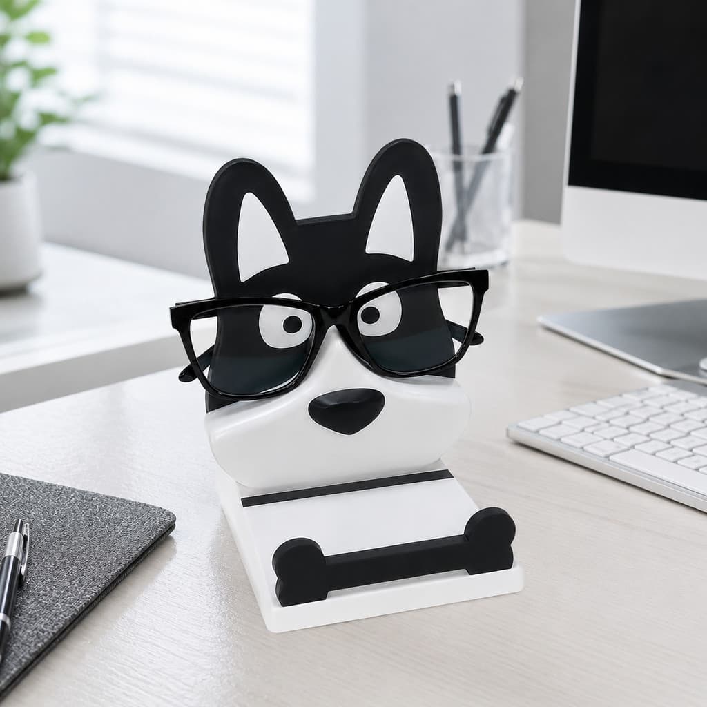 Porta Óculos Cachorrinho Com Suporte Para Celular Organizador De Mesa Escritório Criado Mudo Decorativo