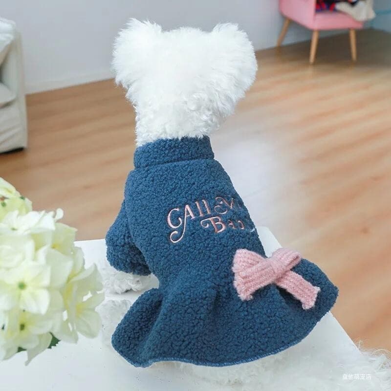 Vestuário Para Animais De Estimação Gato Cão Outono E Inverno Pelúcia Engrossado Quente Azul Arco Vestido De Princesa Ad
