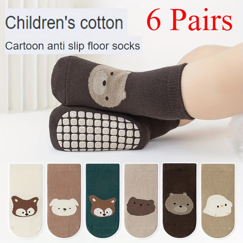 6 pares de meias antiderrapantes para bebês com grandes padrões de desenhos animados OVBL