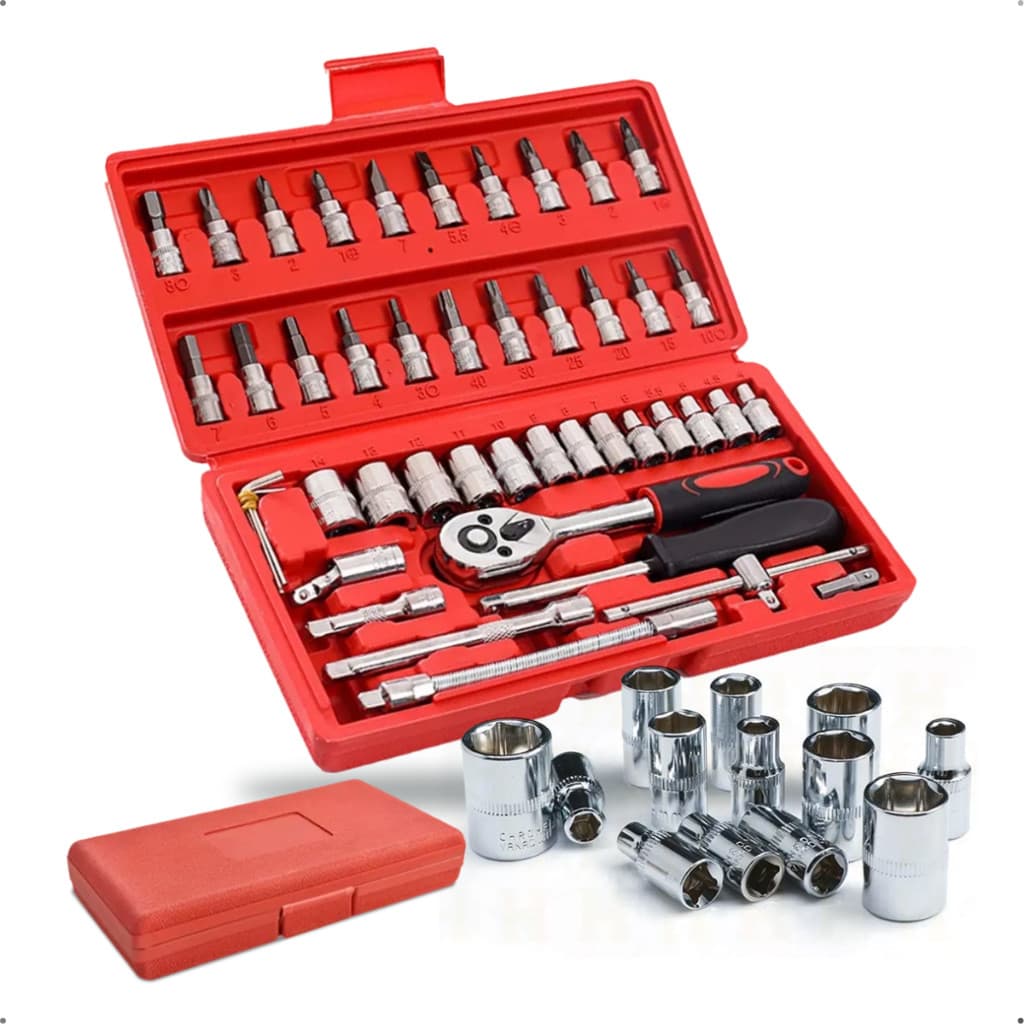 Kit De Ferramentas 46 Peças Jogo De Soquete Aço Crv 1/4 Catraca Chave Allen C/ Maleta