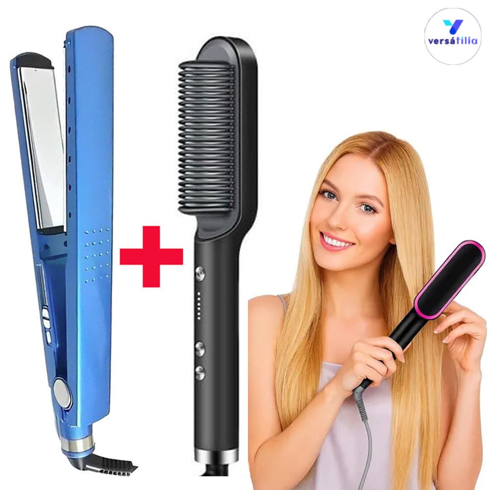 Kit composto por alisador de cabelo e pente aquecido, bivolt compatível com 110V e 220V globalmente