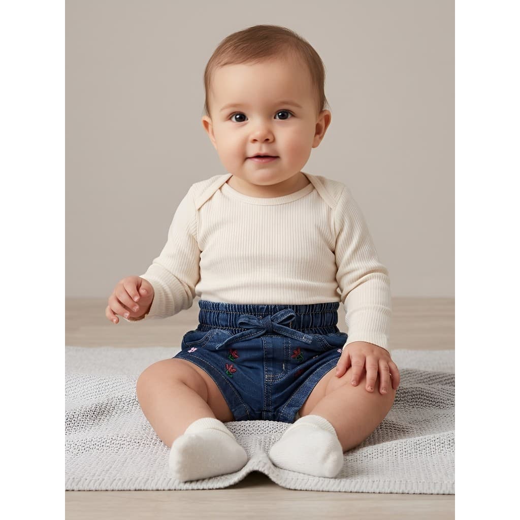 Short Jeans Bebê Menina Bordado Cintura Elástica Jeans com Elastano Bolsos Funcionais Confortável