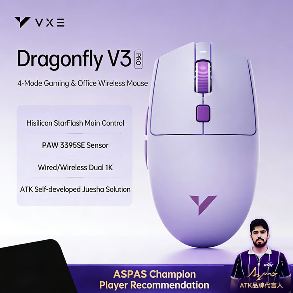 ATK VXE Libélula V3 Pro Mouse Sem Fio 4 Modos Duplo 1K 520mAh Pata3395se/Xhero AI Sensor De Longa Resistência Para De Jo
