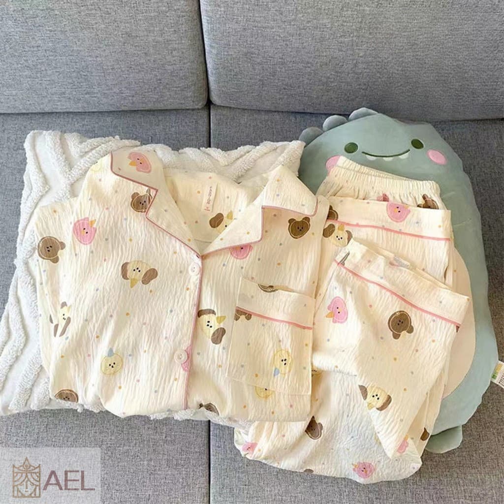 Conjunto De Pijamas De Gaze De Algodão Com Estampa De Desenho Animado , Roupa De Dormir Para Mulheres E Meninas Casa