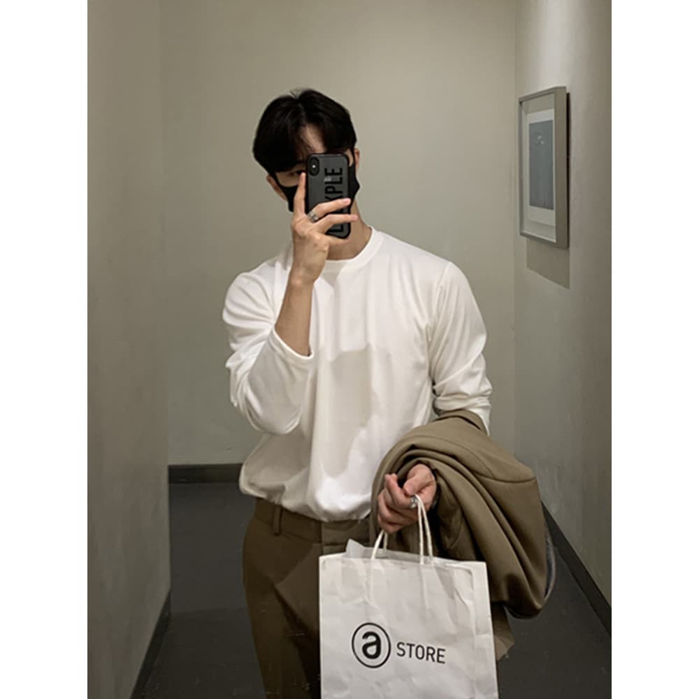 Terno francês interior algodão camiseta masculina High-End solto de manga comprida camisa de fundo pequeno decote algodã