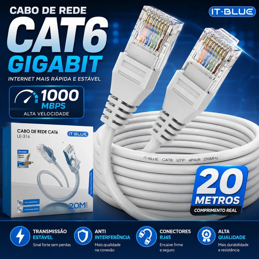 Cabo De Internet Cat6 20 Metros Rj45 Pc Smart Tv Ps5 Xbox