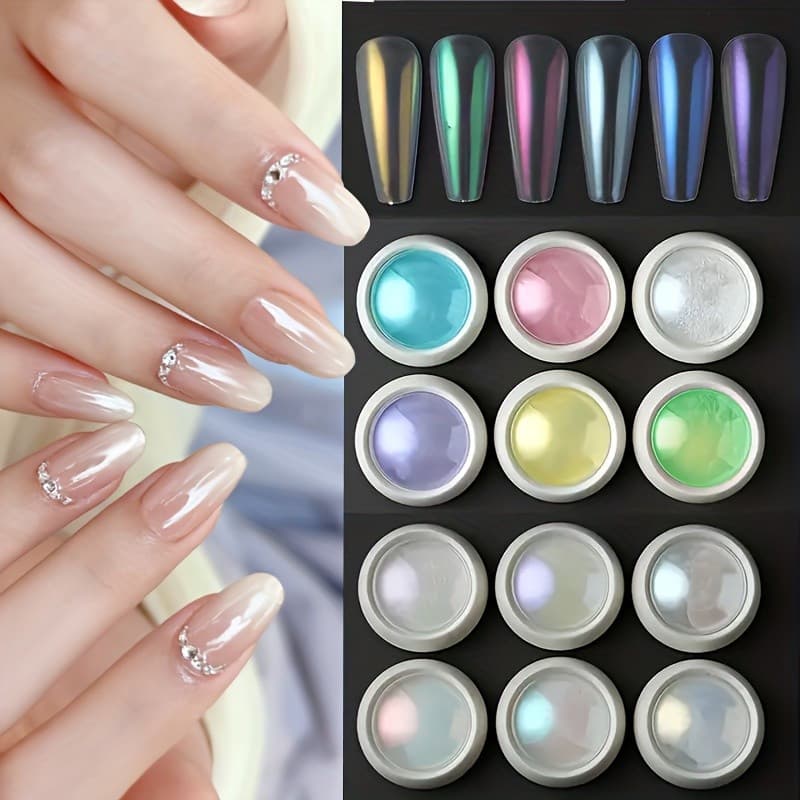 Kit 6/12 Cores Pó Aurora para Unhas – Efeito Espelho, Luz da Lua, Brilho Holográfico