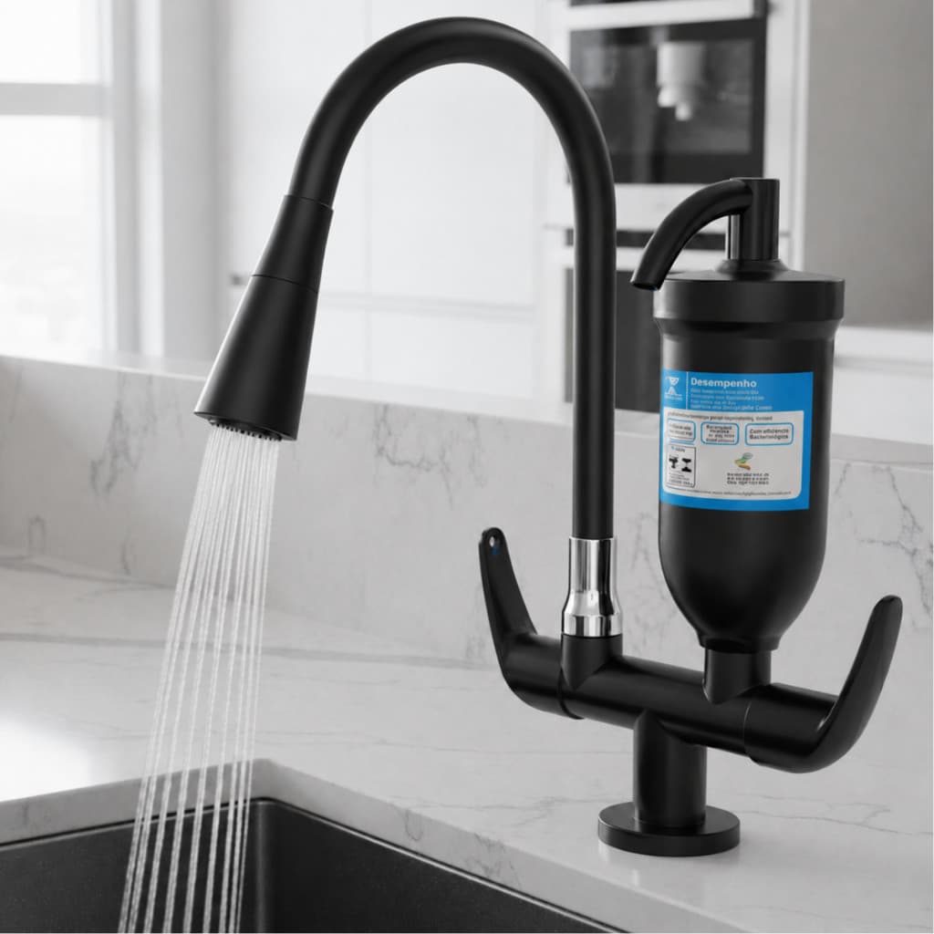 Torneira Com Filtro Gourmet Preta Bancada  Purificador Bica Flexível 2 Jatos