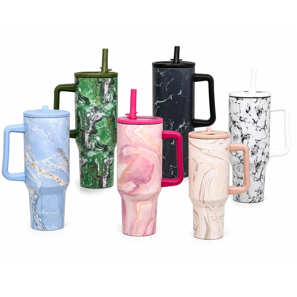 Copo Térmico Marmorizado 1200ml Com Alça Tampa e Canudo Garrafa Inox Quente e Gelado Estampado