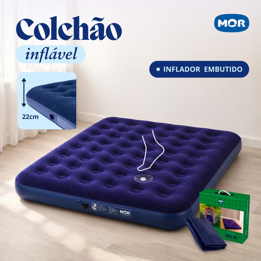Colchão Inflável Casal Com Inflador Acoplado Camping Mor Azul