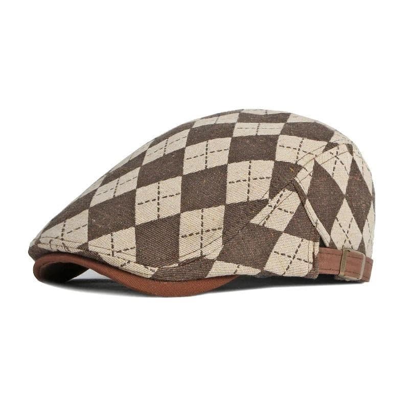 Boina Masculina Retro Xadrez, Boné com Pala Reta, Boné Feminino para Uso Diário, Boné de Sol, Boné de Motorista.