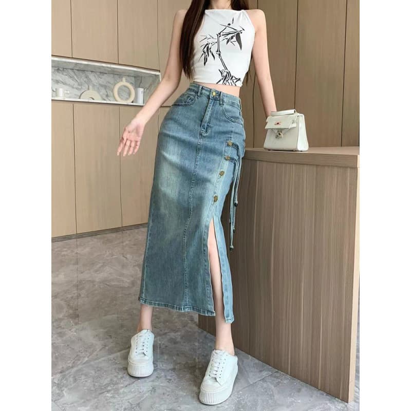 Saia alta feminina linha saia 2025 elástica divisão nova saia jeans chinesa quente menina Hip saia 12.12