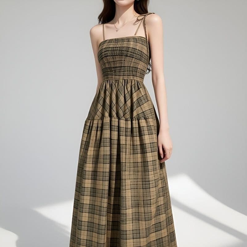 Retro xadrez estilingue vestido feminino verão 2026 novo estilo de comprimento médio cintura estreita mais magro olhar p