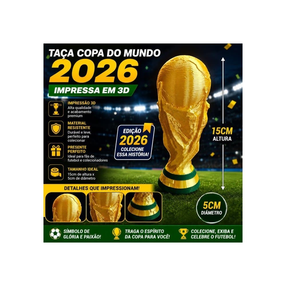 Taça Copa Mundo 2026 Impressão 3D Colecionável FIFA Dourado