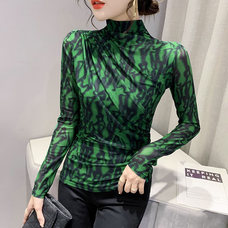 Camisa de fundo de gola meia alta feminina outono inverno 2024 novo estilo na moda produto europeu impresso gaze topo de