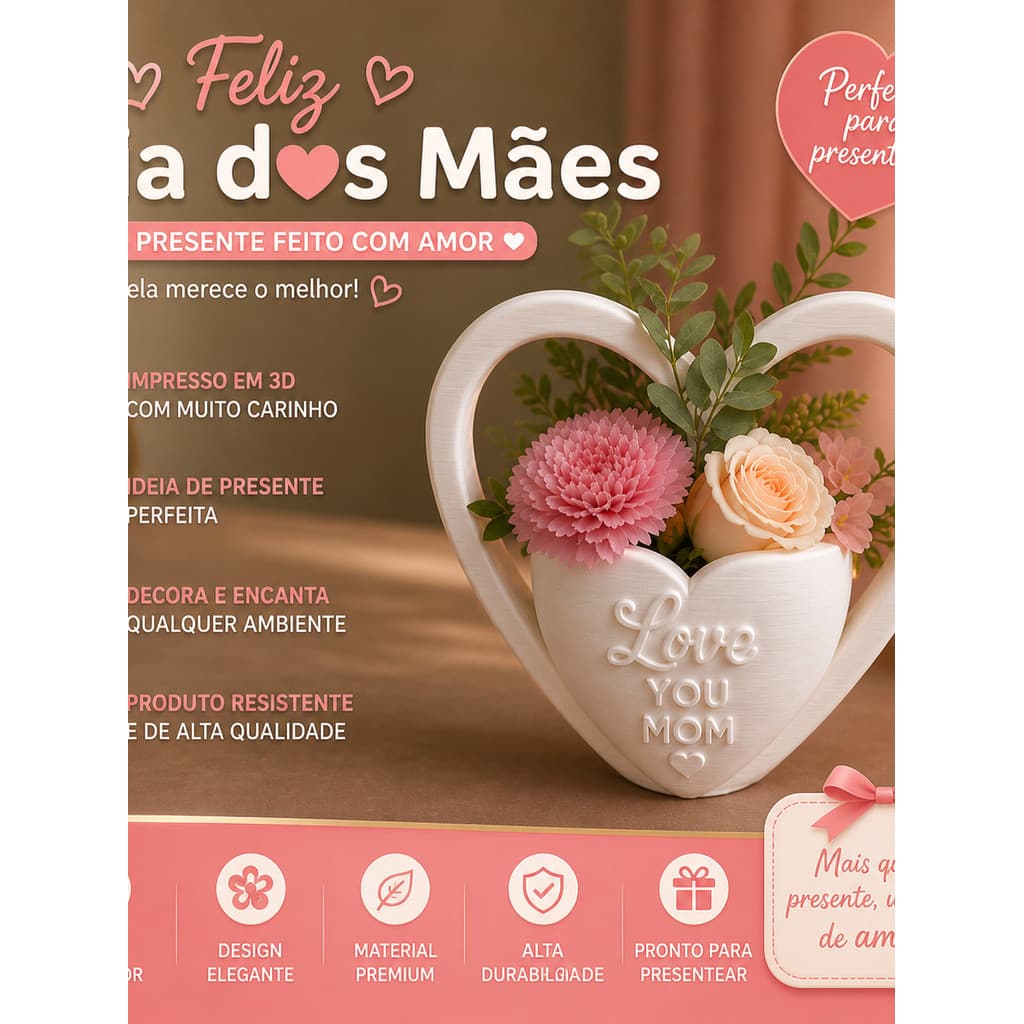 Vaso Decorativo Dia das Mães Coração Porta Flores Love You Mom Presente Criativo Personalizado Decoração Romântica Casa