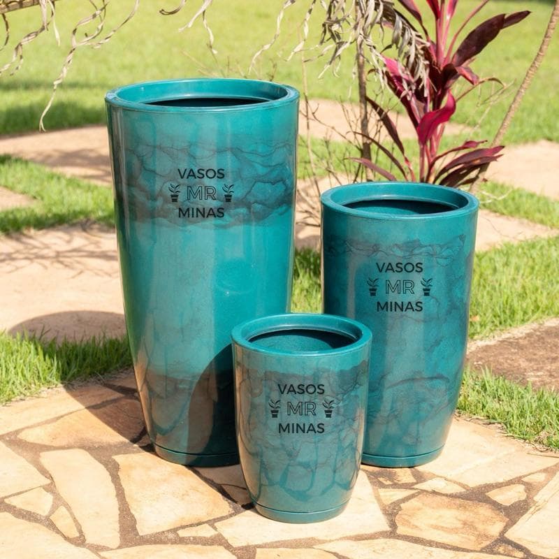 Kit 3 Vasos Decorativos Cone Bojo Marmorizado em Polietileno – Luxo para Jardim e Área Interna/Externa