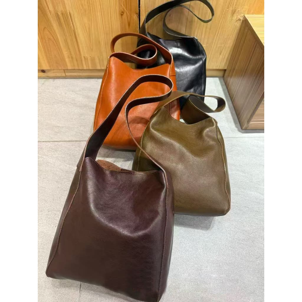 Bolsa feminina de couro genuíno genuíno, bolsa balde feminina retrô de couro, bolsa para axilas, bolsa de ombro feminina