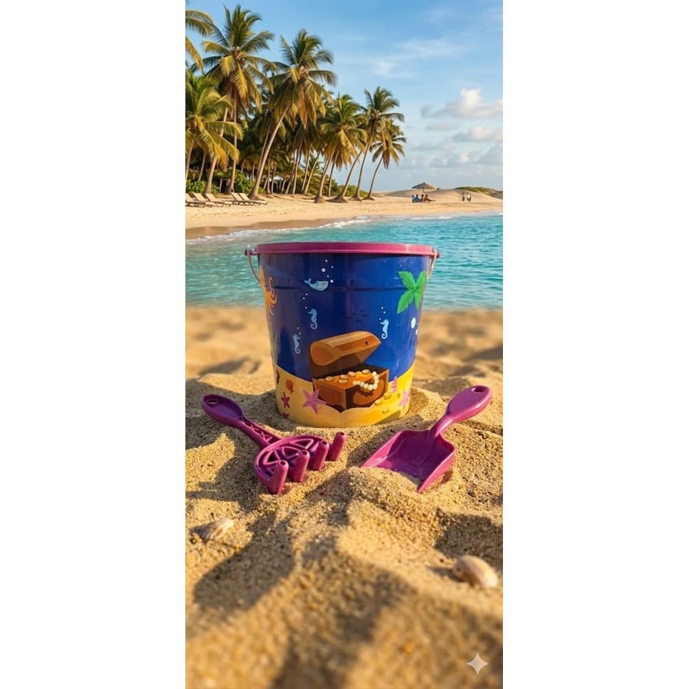 BALDINHO DE AREIA 3 PÇS COM ALÇA PLÁSTICO COLOR DECORADO 2,800 ML COM PÁ E RASTELO BORDA ROSA