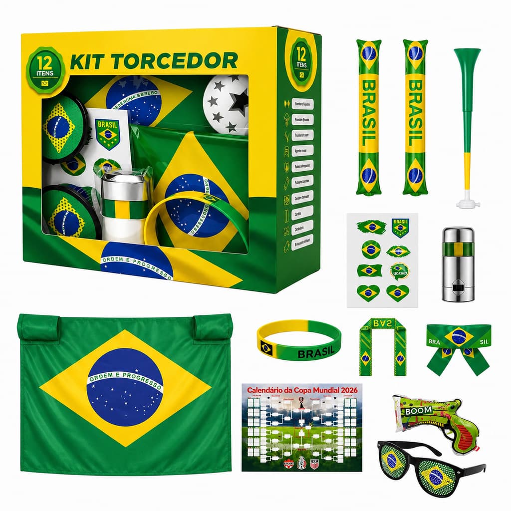 Kit Torcedor Adereços Artigos Festa Enfeite Evento Torcida Brasil Seleção Copa Do Mundo 2026 12 Pçs