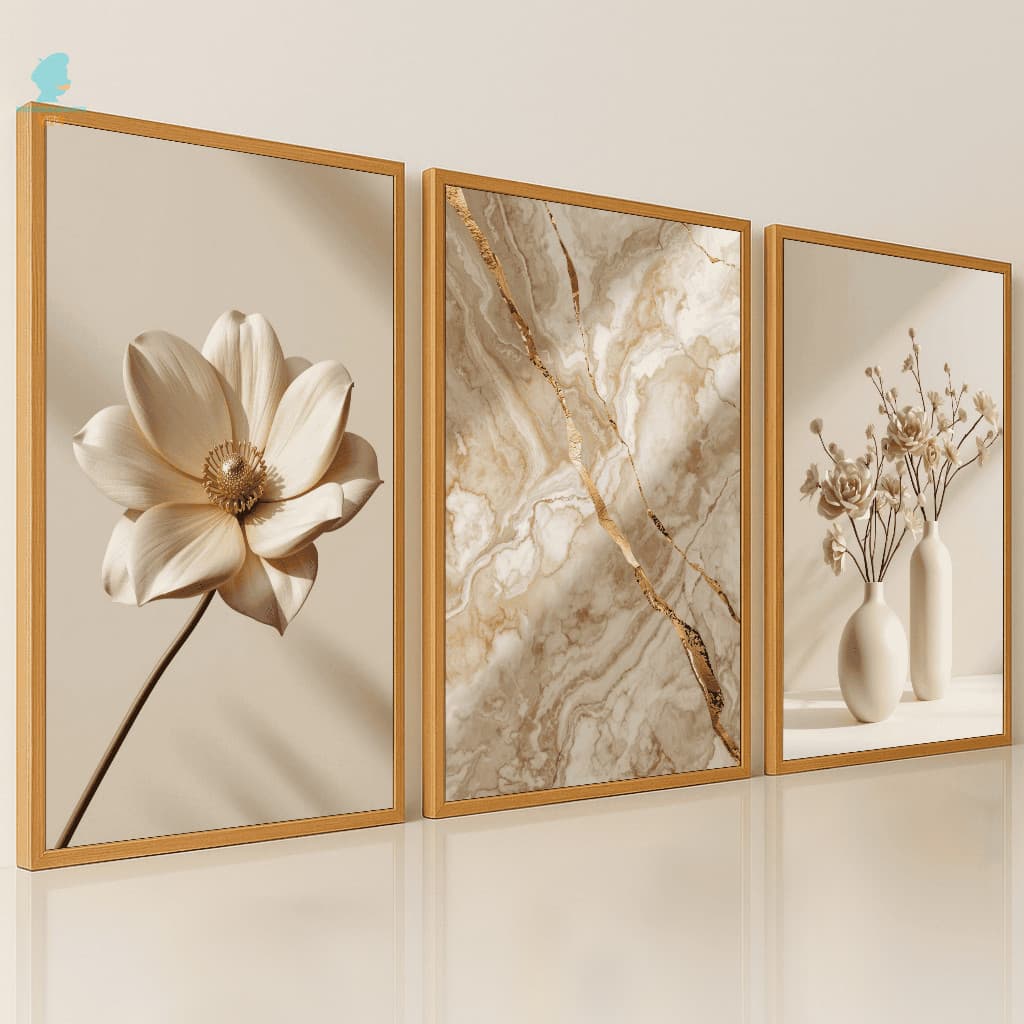 Quadros Decorativos Flores Off White com Mármore Bege e Dourado Luxo Sala Quarto
