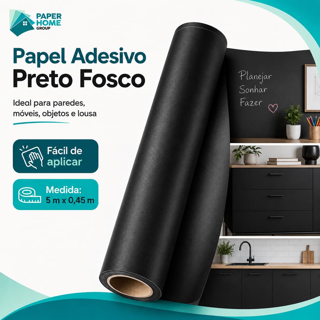 Papel Auto Adesivo Preto De Parede Lavável Fosco Com 5 Metros