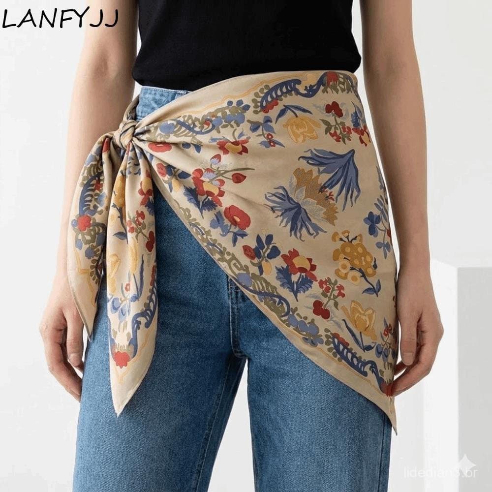 LANFYJJ Lenço Triangular Floral , Gravata Feminina Com Estampa De Imitação De Seda , Cinto Decorativo De Bolinhas