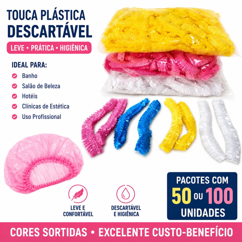 Touca Plástica Descartável  50/100 Und 40 CM Cabelo Cozinha Estética Banho Salão de Beleza Hotéis