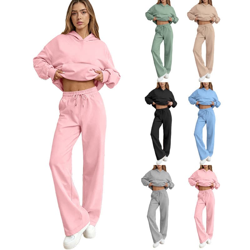 2026 europeu americano Cross-Border roupas de inverno terno de duas peças feminino Casual forro de lã moletom com capuz
