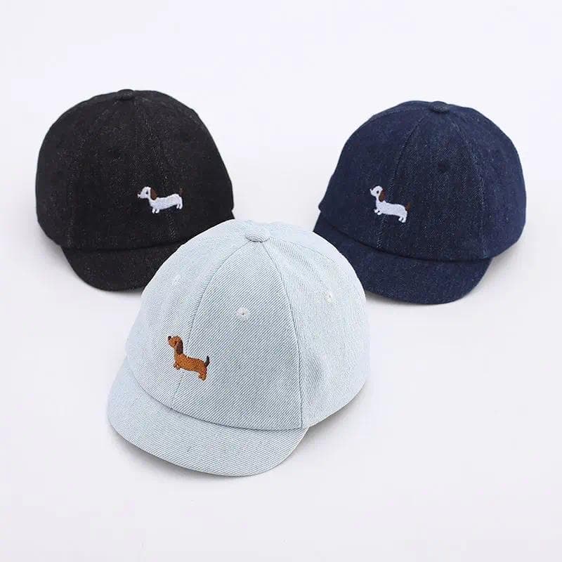 Boné de Beisebol para Bebê com Bordado de Cachorro de Desenho Animado, Boné de Denim Fofo para Bebês, Boné de Verão Ajus