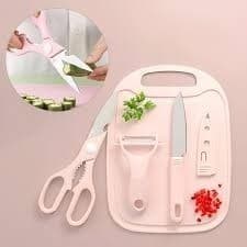 Kit 4 Utensílios Descascador Tábua Cortador Talheres Afiado Cozinha Faca Inox Tesoura