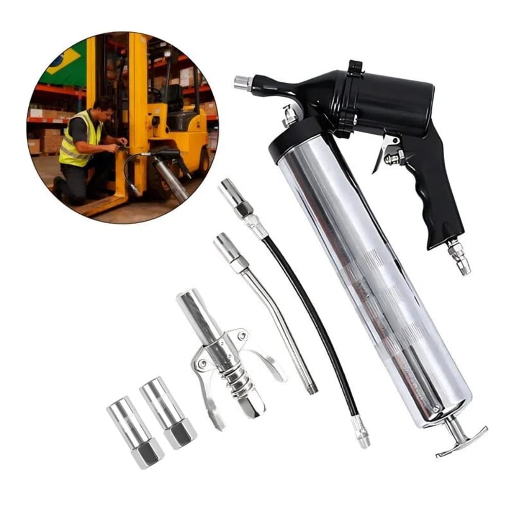 Bomba Engraxadeira Pneumática Manual Lubrificador com Mangueira Flexíel Bico em Aço