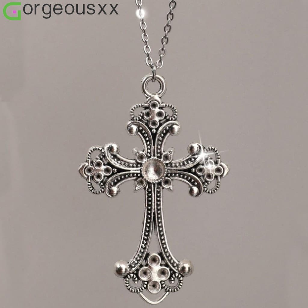 [Gorgeousxx] Colares Com Pingente De Cruz De Metal Gótico Vintage Para Mulheres Joias De Festival De Halloween