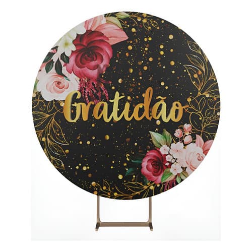 Painel De Festa Redondo Decoração de Festa Sublimado Gratidão 12 Black Floral