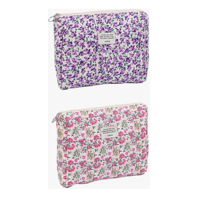 Necessaire Feminina Floral em Algodão com Zíper – Estilo Retrô (Rosa e Roxo)