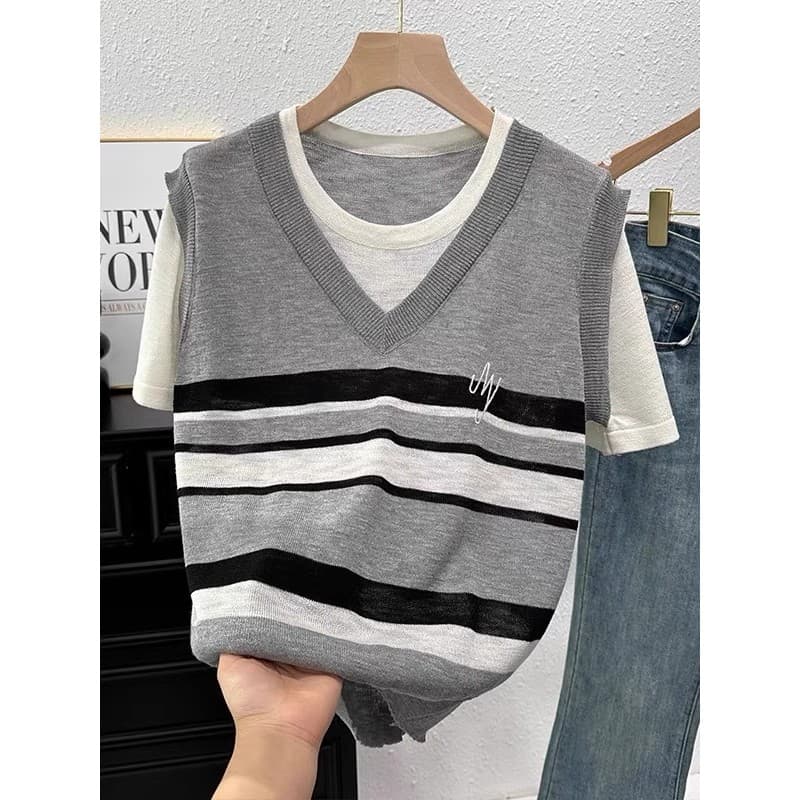 Solto mais magro olhar [40-100kg] falso de duas peças contraste cor manga curta camiseta feminina verão estilo ocidental