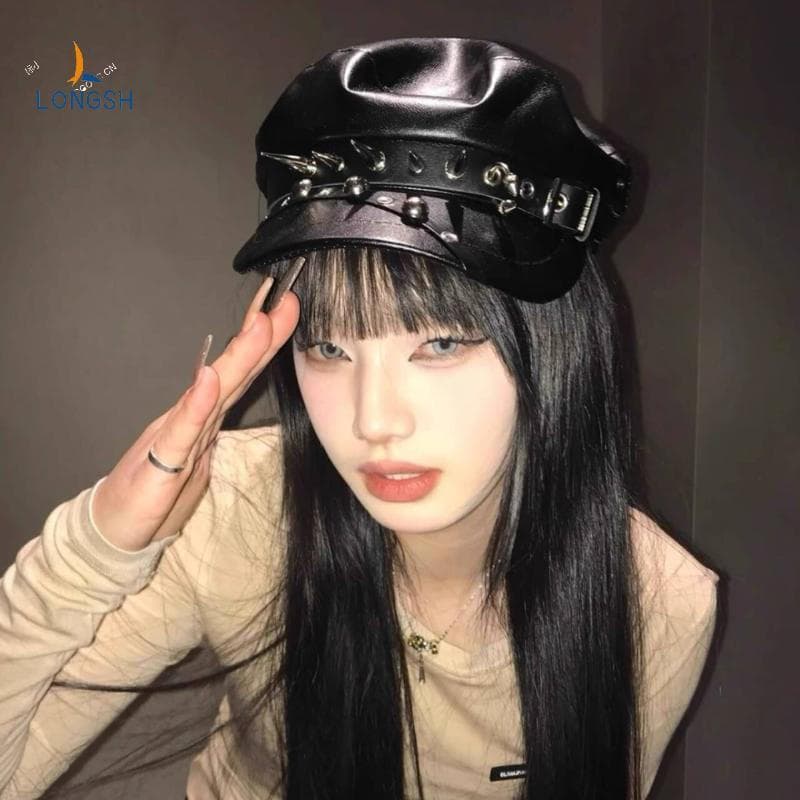 [LongSH] Boina Vintage com Rebites Estilo Harajuku Y2K Gótico Lolita Feminina de Couro Preto Estilo Sombrio com Topo Abe