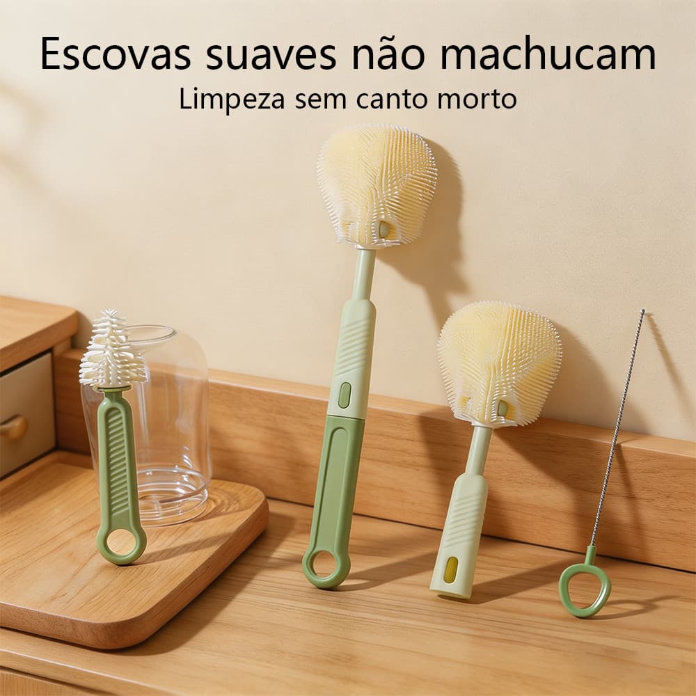 Escova de Limpeza de Copos e Garrafas Kit 3 Peças Multifuncional para Mamadeira Prática e Durável Higiene Perfeita