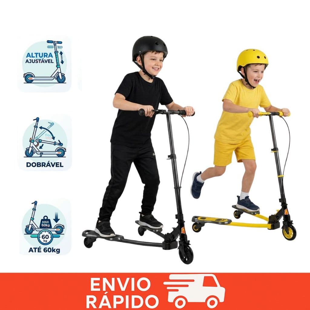 Patinete Frog New Radical Ski Trinete 3 Rodas Infantil Dobrável DM Toys Amarelo Preto Menino Menina