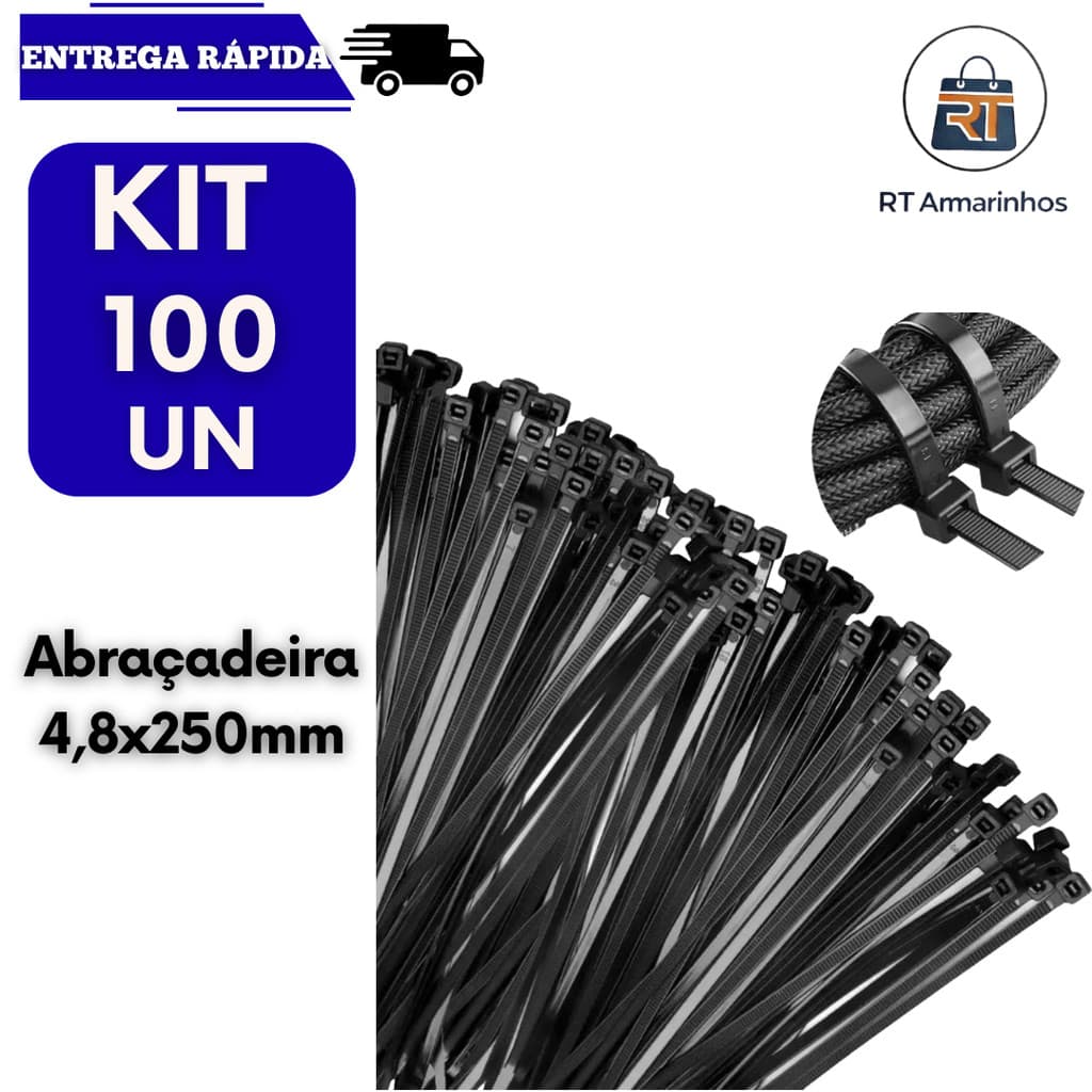Kit 100 Abraçadeira Plástica Nylon 25cm Preta Enforca Gato Forte Multiuso Cinta Plastic Abraçadeiras Manutenção